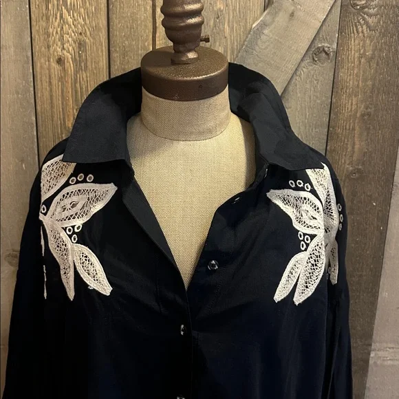 Anthro Embroidered Black Cover Up Dress Cotton Oversized Boho Beach - Picture 6 of 16